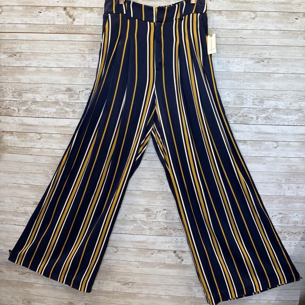 NWT Maeve Anthropologie Womens 6 Pants Wide Leg Navy/Marin Mustard White Striped